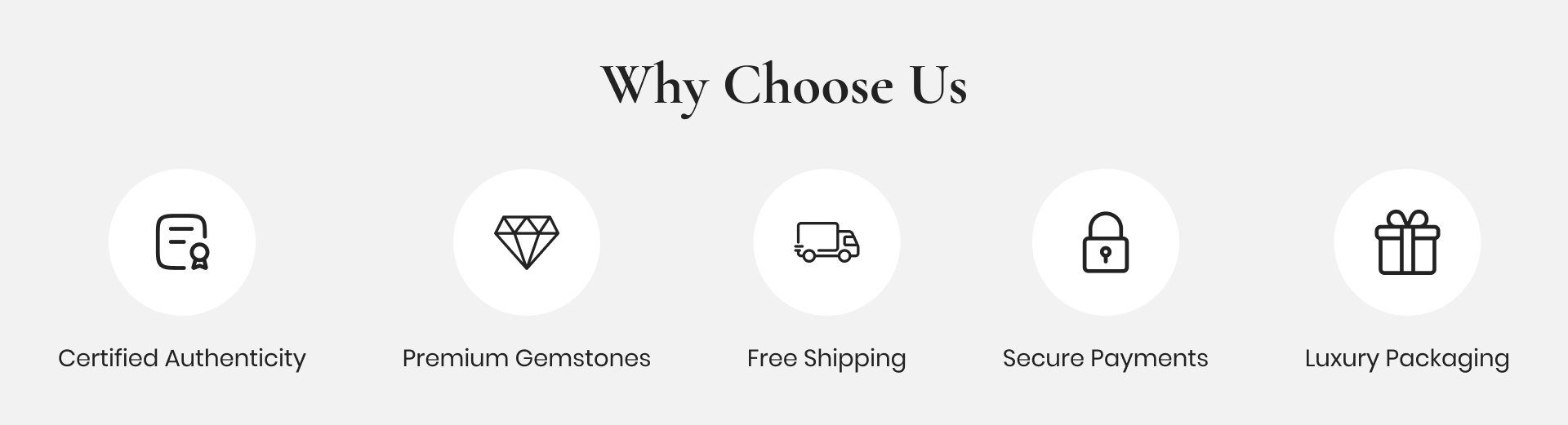 Why Choose Us — Certified Authenticity, Premium Gemstones, Free Shipping, Secure Payments, Luxury Packaging
